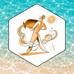 Oroscopo settimanale Acquario con illustrazione del segno su sfondo di mare e sabbia