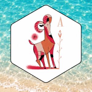Oroscopo settimanale Ariete con illustrazione del segno su sfondo di mare e sabbia