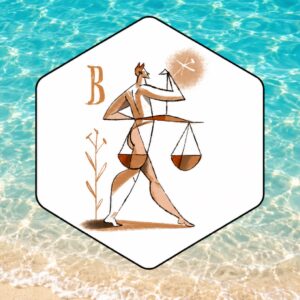 Oroscopo settimanale Bilancia con illustrazione del segno su sfondo di mare e sabbia
