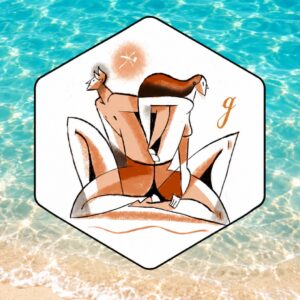 Oroscopo settimanale Gemelli con illustrazione del segno su sfondo di mare e sabbia