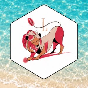 Oroscopo settimanale Leone con illustrazione del segno su sfondo di mare e sabbia