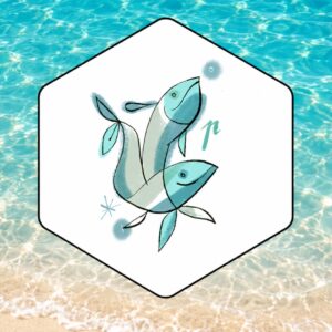 Oroscopo settimanale Pesci con illustrazione del segno su sfondo di mare e sabbia