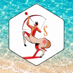 Oroscopo settimanale Sagittario con illustrazione del segno su sfondo di mare e sabbia