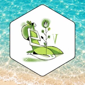 Oroscopo settimanale Vergine con illustrazione del segno su sfondo di mare e sabbia